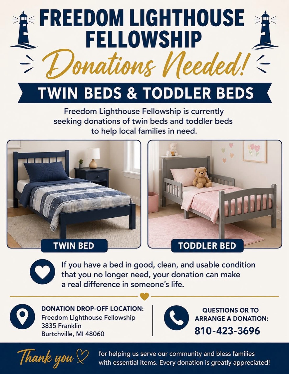 Donations needed: twin beds and toddler beds for local families